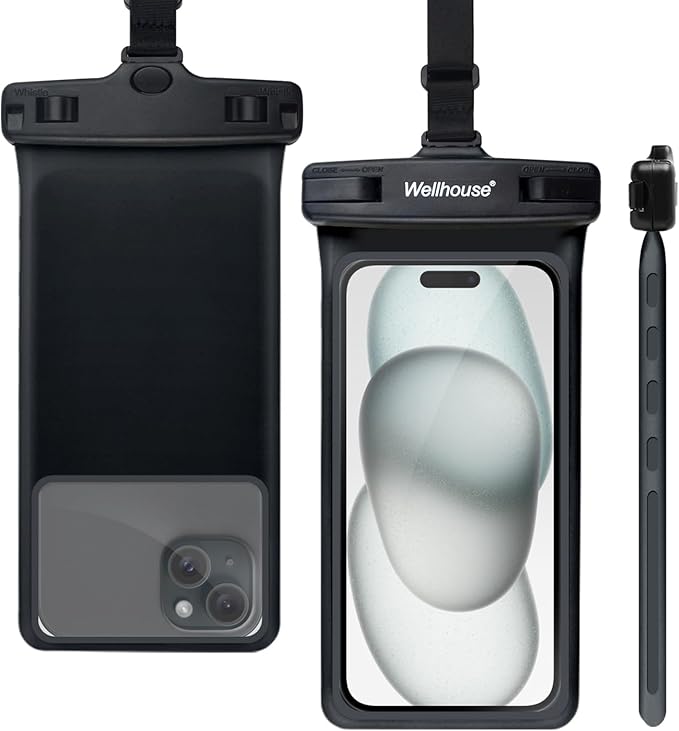 wellhouse Waterproof Phone Pouch, Waterproof Phone Case for iPhone 16 15 14 13 12 Pro Max XS Samsung, IPX8 3D Cellphone Dry Bag Beach Essentials (1 Pack - Black7.0, 7 inch)