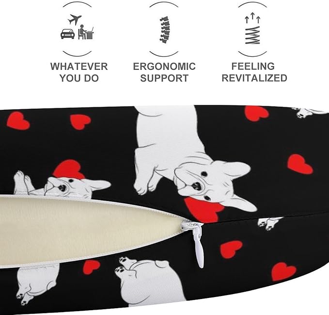 Breathable Memory Foam Travel Pillow U Shaped Chin Head Support Love Heart Funny French Bulldog Puppy Dog, Removable Washable Cover for Airplane Car Office Pain Relief