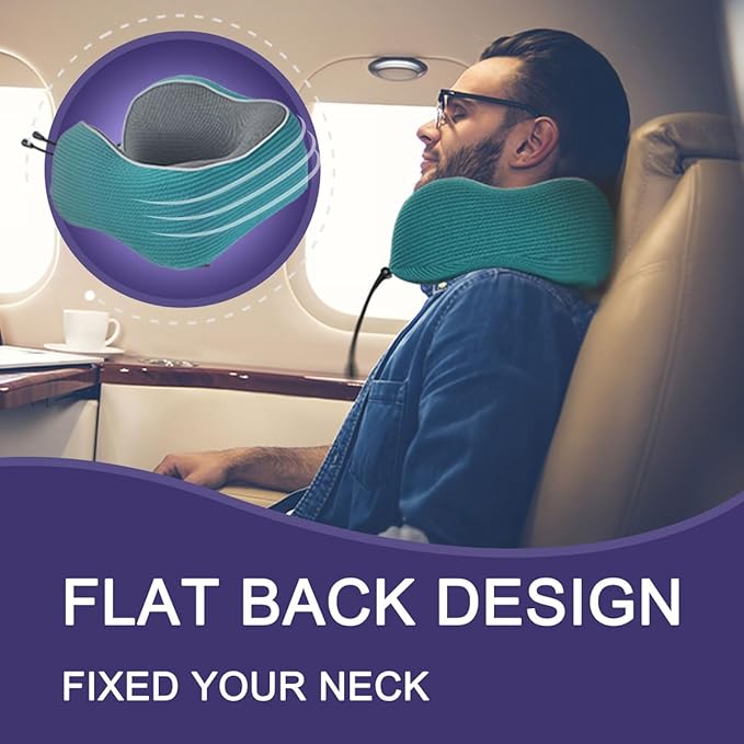 napfun Neck Pillow for Traveling, Upgraded Travel Neck Pillow for Airplane 100% Pure Memory Foam Travel Pillow for Flight Headrest Sleep, Portable Plane Accessories, Teal Set, Medium (120-200LB)