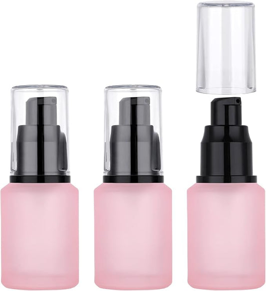 Segbeauty 1oz Frosted Glass Travel Bottles for Toiletries, Pack of 3 Refillable Travel Lotion Bottle, Pink Makeup Pump Dispenser Cream Lotion Containers, 30ml Leak Proof Cosmetic Bottles for Women