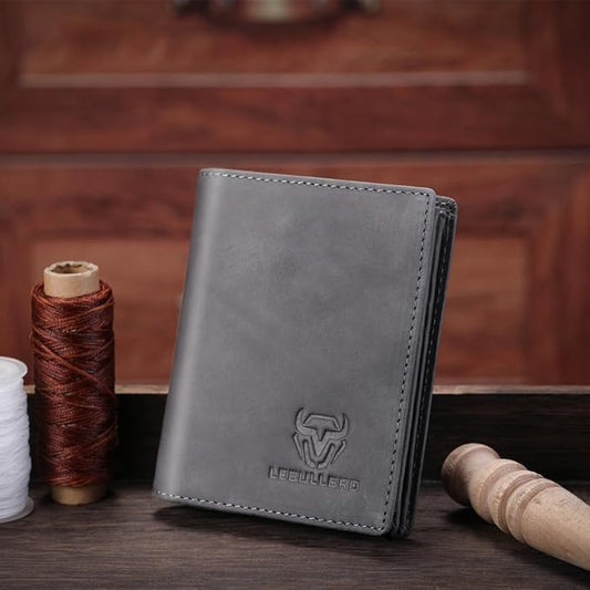 LEBULLBRO Genuine Leather Bifold Wallet RFID Blocking Wallet Large Capacity Purse Credit Card Holder for Men with 15 Card Slots (Grey)