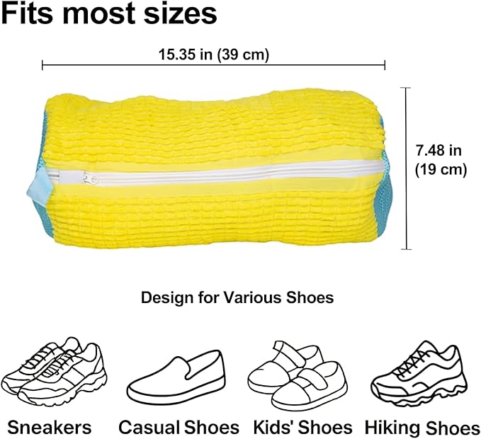Shoe Washing Machine Bag, 4 Pcs Laundry Shoe Bags for Washer and Dryer with Chenille Liner, Large Reusable Mesh Bag for Sneakers, Gym, Tennis, Sports, Delicate, 2 Color Mix(Yellow+Gray)