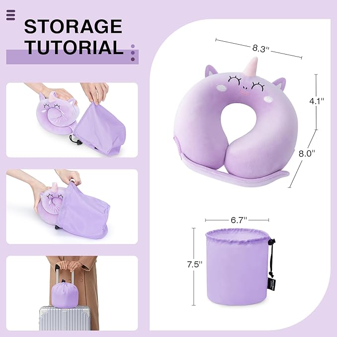 Car Pillow for Big Kids Travel Neck Pillows, Foam Neck Support Travelling Pillow with Washable Cotton Pillowcases and Storage Bag, for Airplane, Train, Flight and Home Use Unicorn Purple