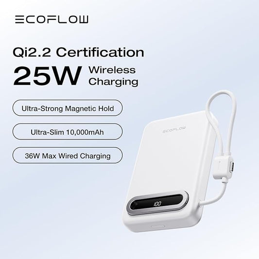 EF ECOFLOW Rapid Mag Power Bank 10,000mAh, Qi2.2 25W Wireless Charging, 0.6'' Slim Magnetic Portable Charger, Built-in USB-C Cable, Qi2 Certified Magsafe-Compatible Battery for iPhone 17/16/15, White