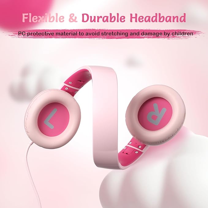 Kids Wired Headphones with Microphone, Volume Limited to 85/94dB, Foldable 3.5mm Jack Headset for Girls, Pink Over-Ear Headphones for School, Study & Travel, Includes Carry Case（Pink）