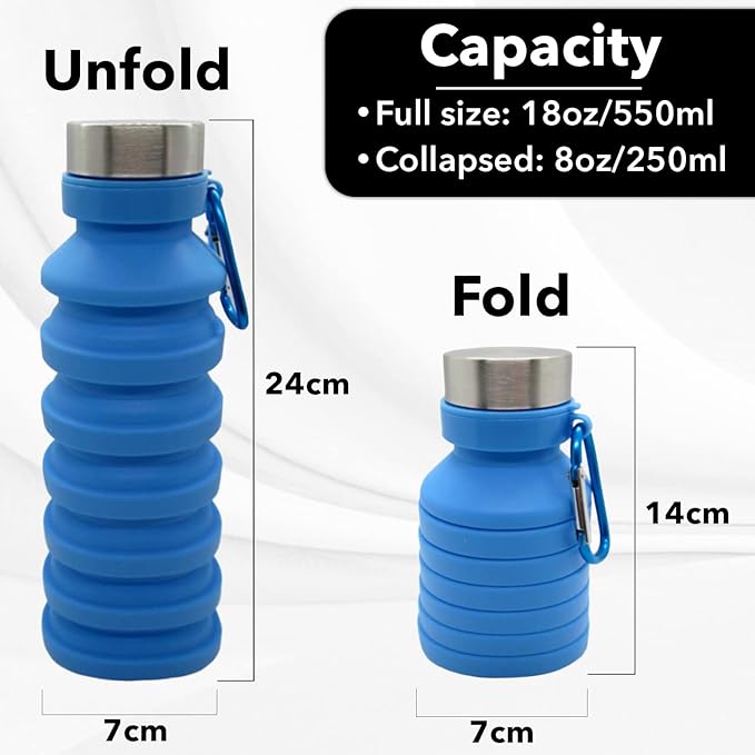 Collapsible Water Bottle (Blue) - Reusable, BPA Free, Silicone, Foldable Portable & Leak Proof - Water Bottles for Travel Gym Camping Hiking - Sports Water Bottle with Carabiner