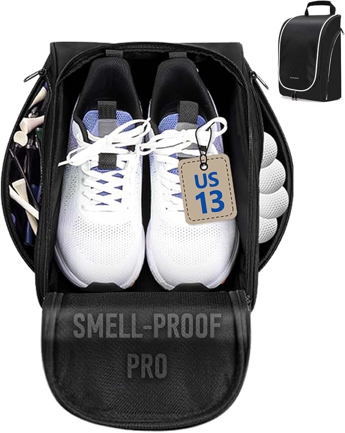 Smell Proof Shoe Cleat Bag for Travel Men - Golf Soccer Zippered Sport Shoe Carrier Bags with Ventilation & Side Pockets for Socks, Tees, Golf Balls; Golf Accessories Fathers Dad Day Gifts for Men