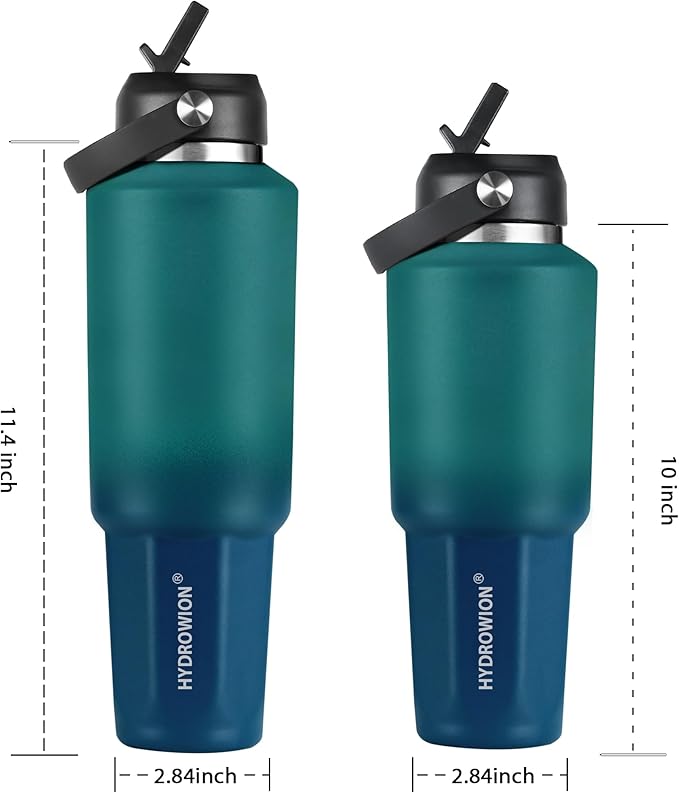HYDROWION 32 oz Insulated Water Bottle, Car Water Bottle Holder - Double Wall Vacuum Insulated Travel Bottle with Straw Lid, Spout Lid and Flex Cap - Cold for 24H, Hot for 12H, Blue - Lake Green