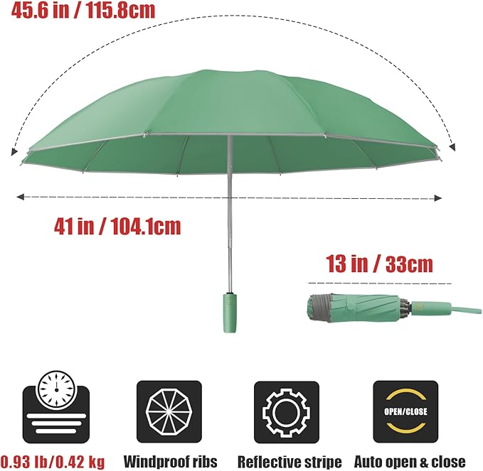 Large Windproof Travel Umbrella, Portable Reverse Folding Car Umbrella, Compact Inverted Design with Waterproof Canopy, Automatic, 10 Durable Ribs, 45.6/13 Inch, Fits Backpack
