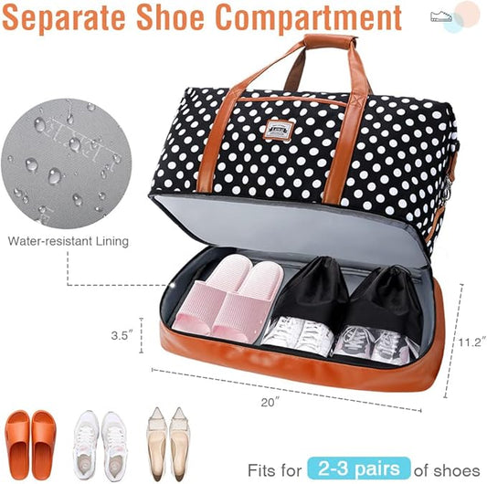 Travel Duffle Bag, Weekender Bags for Women Carry On Travel Bag Overnight Bag with Shoe Compartment Toiletry Bag, Large Weekend Tote Bag Gym Bag Hospital Bag for Labor and Delivery 50L, Dots