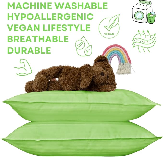 kinder Fluff Pre-Teen Pillows (2Pack) 17x26in - Pillows for Kids Age 12+, 100% Cotton Sateen Stripes 300T, Down Alternative Fill, Machine Washable - Children & Travel Cushion - Green - XL