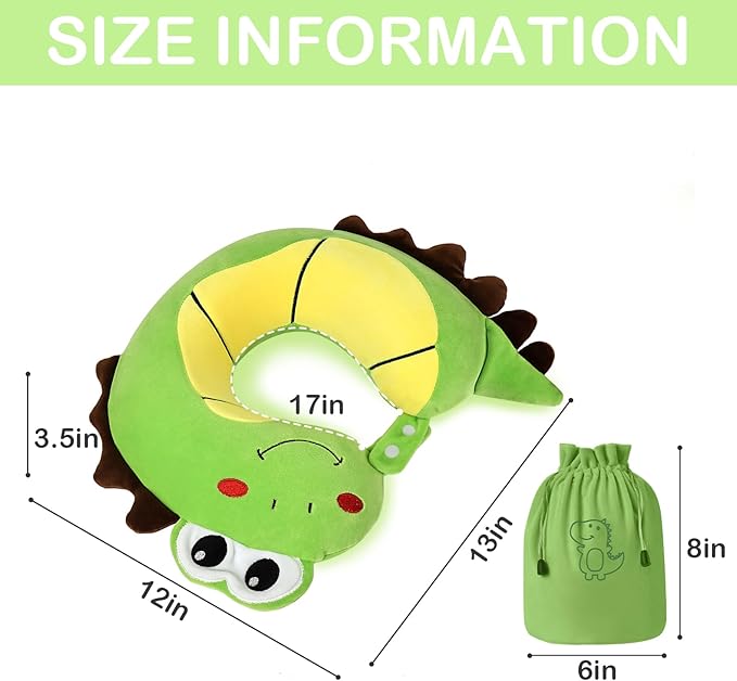 Kids Travel Pillow, Cute Dinosour Memory Foam Neck Pillow with Travel Bag, Soft Adjustable Airplane Pillow for Chin Support, Headrest- Green