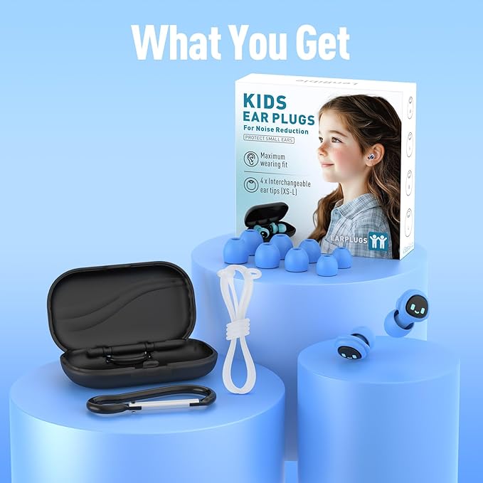 Kids Ear Plugs for 5-12 Yr, 27 dB Noise Reduction Extra Small Earplugs, Ear Plugs for Kids for Noise Sensitivity, Socializing, Sleep, Focus, 4 Sizes Ear Tips in XS-L (Purple+Cord)