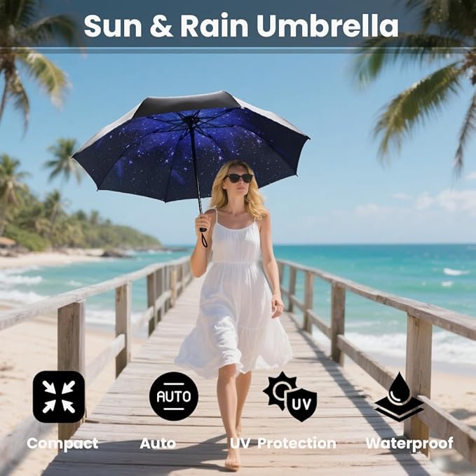 SIEPASA Compact Travel Umbrella - Windproof Auto Open/Close, Small Folding Umbrella for Rain - Lightweight & Durable with Fiberglass Frame, Waterproof Canopy - Fits Backpack, Purse, Suitcase. (Starry)