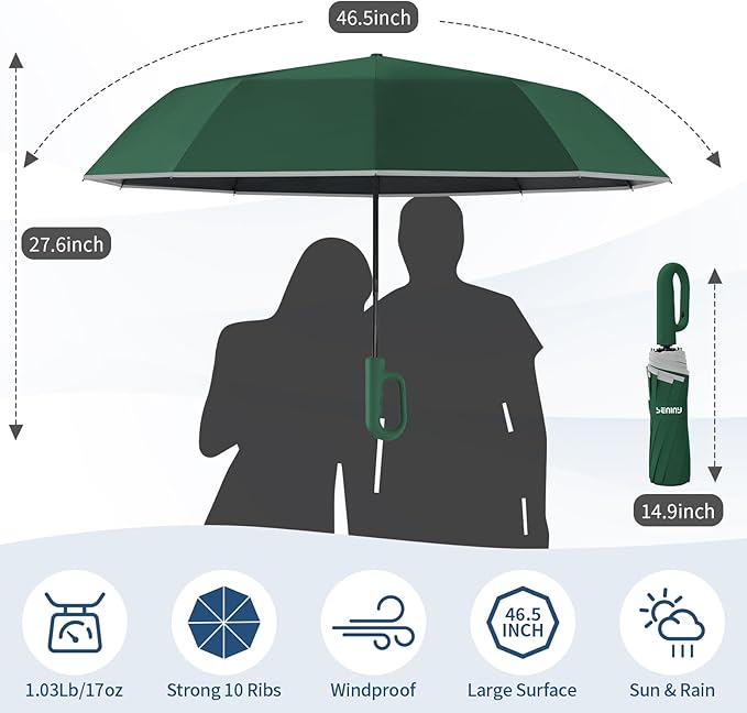 Seniny Travel Umbrella with Carabiner Handle, Windproof Large Umbrellas for Rain with Dual-Rib Structure, Portable Compact Umbrella with Reflective Strip, Car Backpack UV Umbrellas for Sun Protection