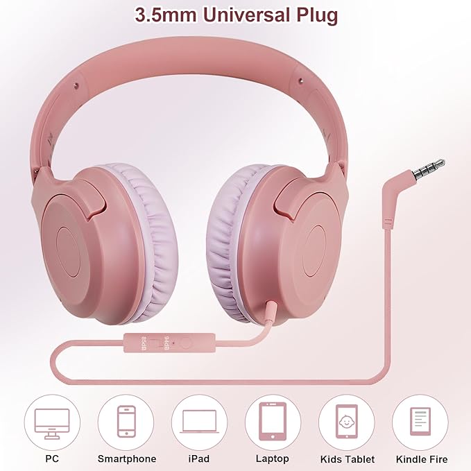 Kids Wired Headphones with Microphone, 85/94dB Safe Volume Limiter,Foldable,3.5mm Jack Over-Ear Cord Headset for Online Study/Travel, Compatible with Tablet,iPad,PC&More,Pink