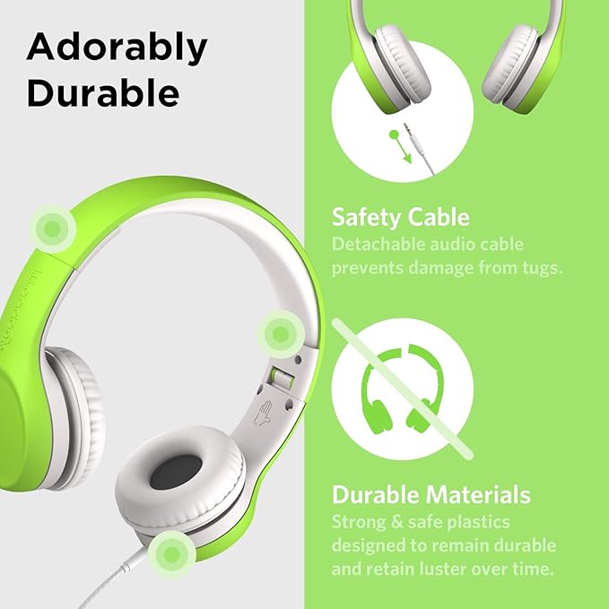 LilGadgets Connect+ Foldable Headphones, Adjustable Fit Soft Touch Padding for Kids with Mic, Volume-Limited & Noise Reduction On-Ear Wired Headset for School with SharePort - Green, Ages 3-14