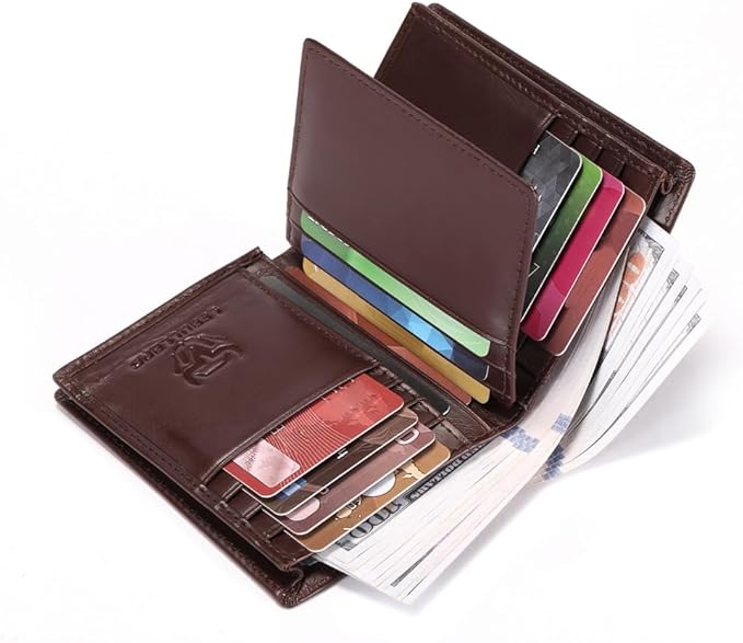 LEBULLBRO Genuine Leather Bifold Wallet RFID Blocking Wallet Large Capacity Purse Credit Card Holder for Men with 15 Card Slots (Coffee)