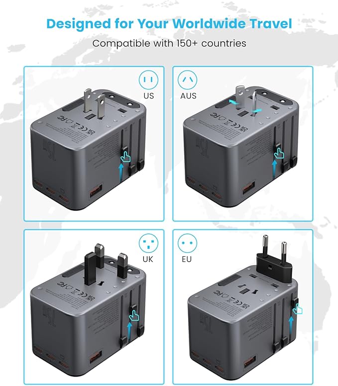 Universal Travel Adapter, VINTAR 75W GaN International Power Adapter with 3 USB C PD and 2 USB A QC, All in One Travel Essentials for UK/EU/USA/AUS, Travel Adapter Worldwide for Laptops Phones, Grey