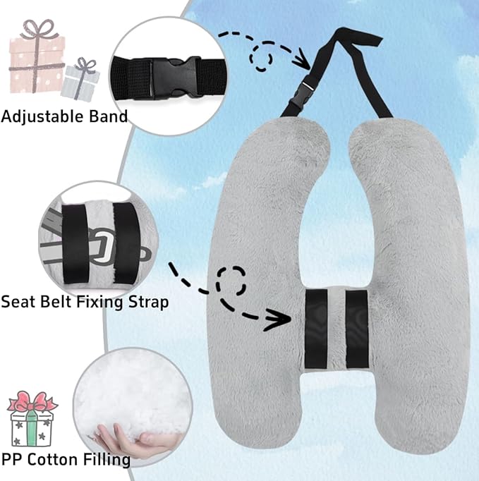 Soft Plush Car Pillow Travel Pillow for Kids with Neck Support Headrest, H-Shape Car Pillows for Kids Sleeping on Long Road Trips, Adults Child Car Seat Pillow, Body Support Travel Accessories, Grey