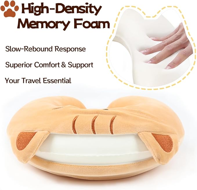 Kids Neck Pillow for Travel with Sleep Eye Mask, Cute Travel Neck Pillow, Memory Foam Flight Sleeping Headrest Pillow for Boys & Girls, Airplane, Train, Car, Home Use - Ginger Cat