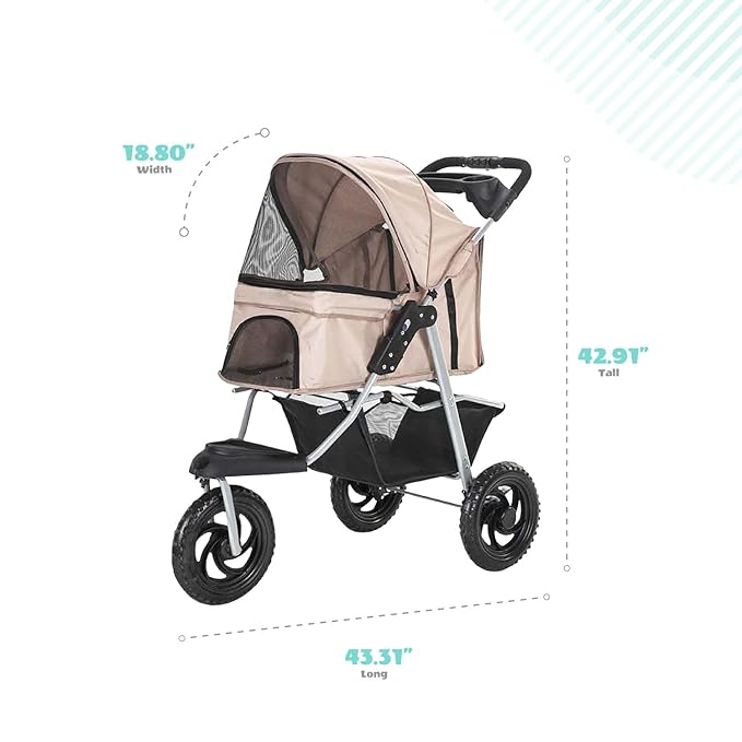 Critter Sitters 3-Wheel Jogging Dog Stroller with Storage Basket and Cup Holders, Modern and Stylish Pet Stroller for Medium to Large Pets up to 55 Pounds, Tan
