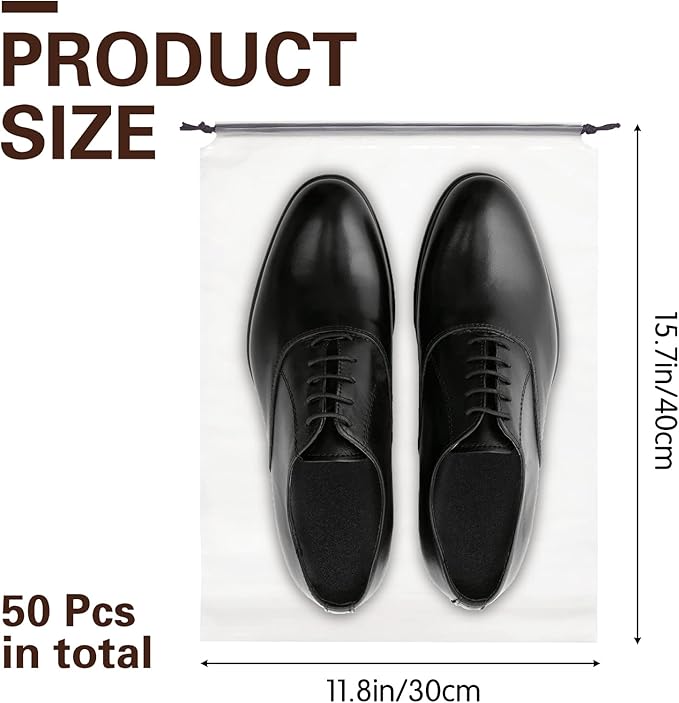 50 Pcs Translucent Travel Shoe Bags,Large Clear Shoe Bags for Storage,Protable Shoes Pouch Storage Organizers with Rope,Clear Drawstring Dust Bags for Packing,Men and Women