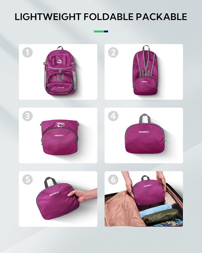 WATERFLY Hiking Packable Daypack Backpack: 25L Ultra Lightweight Day Pack for Woman Man - Small Compact Folding Back Pack for Outdoor Sport Cycling Camping Travel Trip - Rose red