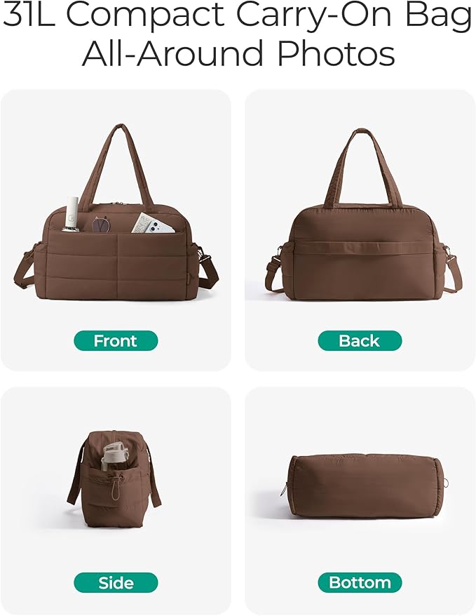 BAGSMART Gym Bag for Women, Lightweight Puffer Duffle Bag 2-PC Travel Bag, 31L Weekender Overnight Bag Quilted Carry On Tote Bag, Diaper Hospital Dance bag for Travel, Gym, Water Resistant