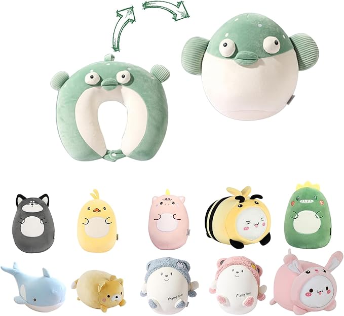Kids Travel Pillow - 2-in-1 Deformable Kids Neck Pillow for Traveling, Soft U-Shaped Pillow with Adorable Animal Design, Comfy Sleep and Play, Ideal for Airplanes and Traveling (Green Fish)