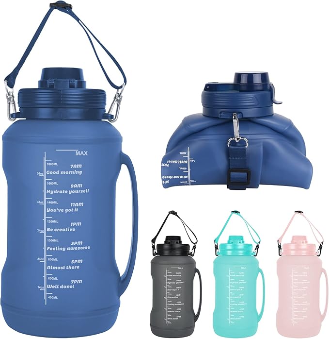 Collapsible Water Bottles, 2L/64OZ travel water bottle Bottle with Straw, Half Gallon Large Water Bottle for Travel Outdoor Sports Runing Fitness Yoga (Upgraded blue)