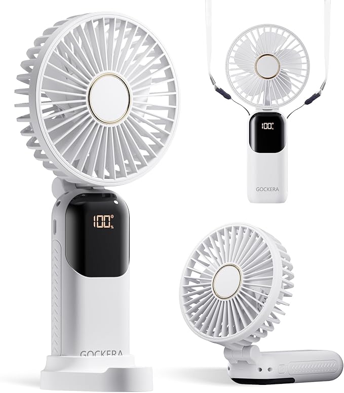 Portable Fan, 4200mAh Battery Operated Fan, 5 Speeds&Digital Display, Makeup Fans for Women with Base, 180°Foldable 3in1 Handheld/Neck/Desk Fan for Outdoor Indoor,Ultra Quiet (White)