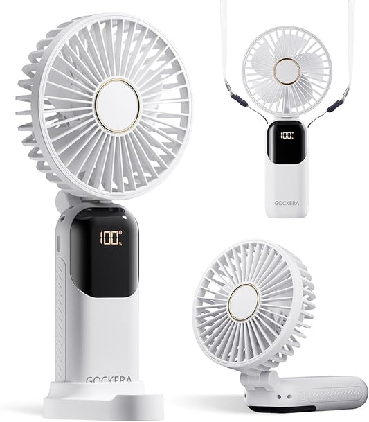 Portable Fan, 4200mAh Battery Operated Fan, 5 Speeds&Digital Display, Makeup Fans for Women with Base, 180°Foldable 3in1 Handheld/Neck/Desk Fan for Outdoor Indoor,Ultra Quiet (White)