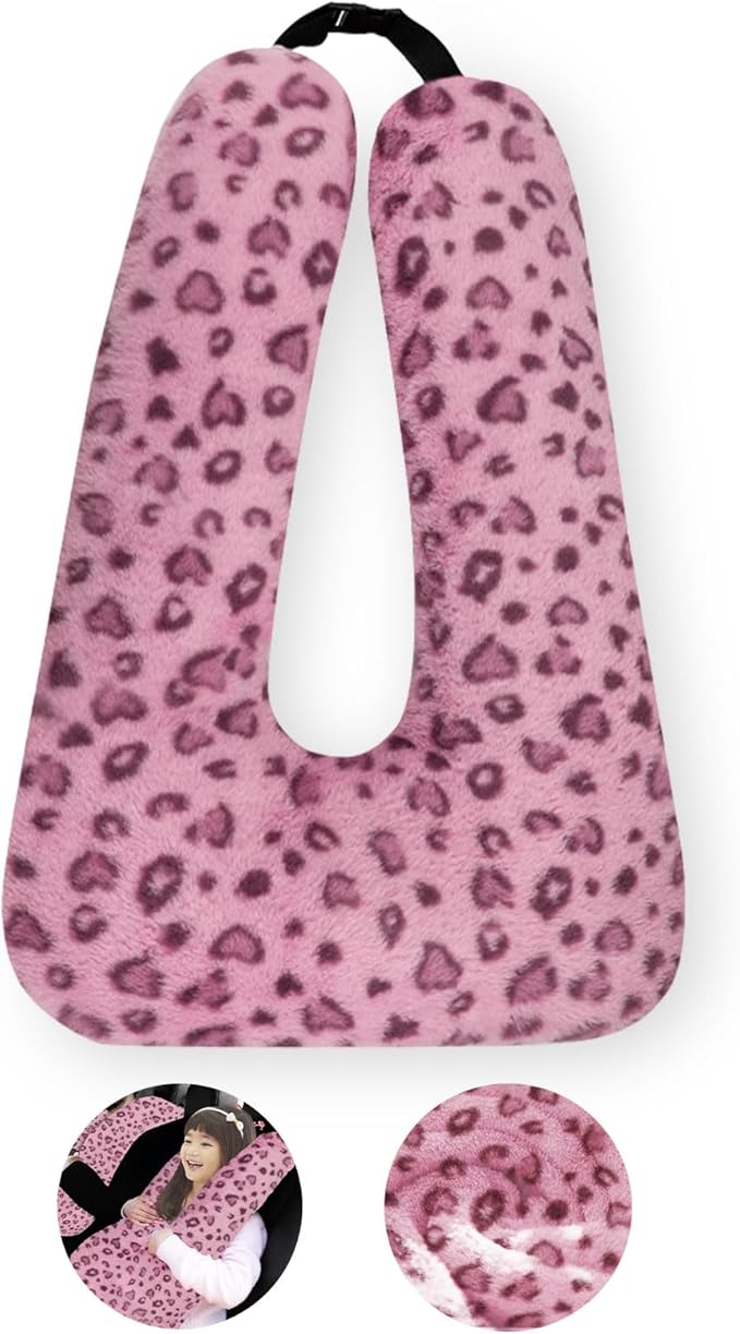 Travel Pillow, Travel Pillow for Kids, Sleeper Hold Pillow Travel, Removable U-Shaped Pillow for Adults and Children to Support Head and Body in The Back Seat of Long Car Trips (Pink Leopard Print)