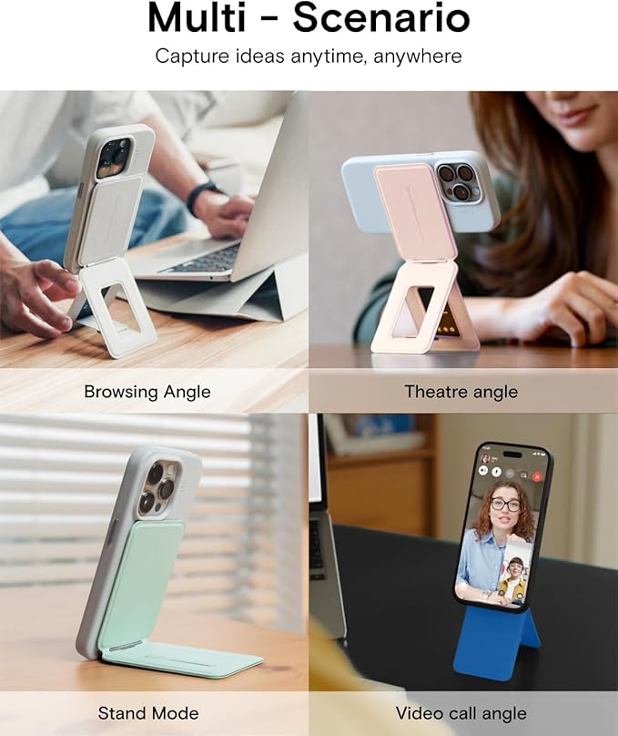 MOFT Phone Stand, Magnetic Phone Tripod Stand Stain-Resistant MOVAS Leather & Angle Adjustment & Strong Magnets Tripod for iPhone 17/16/15/14/13/12 (Included Metal Ring)-Cement