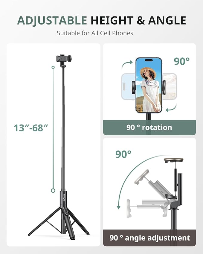 Sensyne 68" Phone Tripod & Selfie Stick, Lightweight All in One Phone Tripod Integrated with Wireless Remote Compatible with All Cell Phones for Selfie/Video Recording/Photo/Live Stream/Vlog（Black）