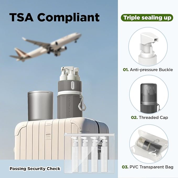 YOTIME 4in1 Travel Bottles with Suction Cup, TSA Approved Leak Proof Travel Size Containers for Toiletries, Refillable Travel Accessories for Shampoo, Body Wash and Conditioner, Gray