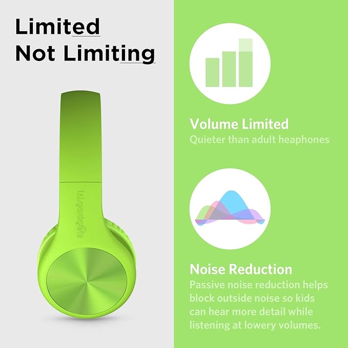 LilGadgets Connect+ Pro Wired Kids Headphones for School with Microphone, Volume Limiting Over-Ear Headset with Cord, SharePort Technology & SoftTouch Padding, Green