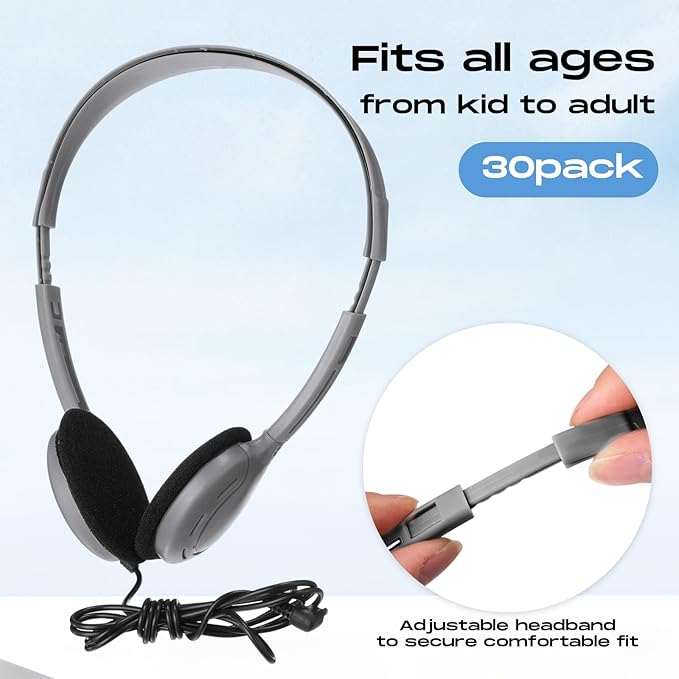 Yunsailing 30 Pack Bulk Over Ear Headphones Set On Ear Headsets Earphones with Adjustable Headband and 3.5mm Plug for Group Learning, Computer Lab, Library, Online Lesson (Grey)