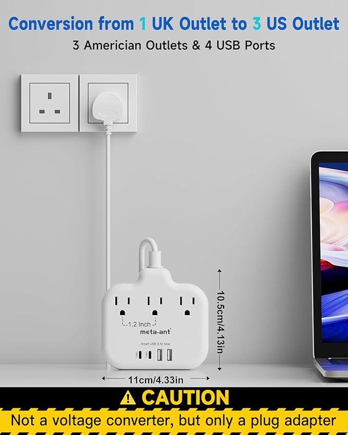 Type G Adapter for Travel,meta-ant US to UK Travel Adapter with 3ft Extension Cord,3 Outlets 4 USB(2 USB-C), Type G UK Ireland Travel Plug Adapter to British Scotland England London Hong Kong Dubai