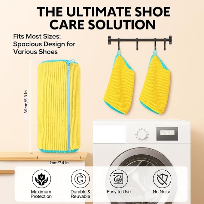 shoe washing machine bag & Drying Set – 2 Reinforced Wash Bags + 2 Dry Hooks + 2 Shoe Shapers for Sneakers & Sports Shoes | Washer & Dryer Safe (6PCS, Yellow Bags)