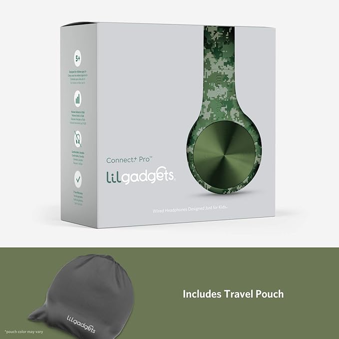 LilGadgets Connect+ Pro Wired Kids Headphones for School with Microphone, Volume Limiting Over-Ear Headset with Cord, SharePort Technology & SoftTouch Padding, Green Digital Camo