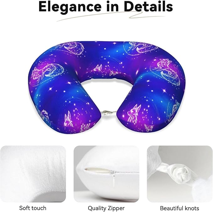 Travel Neck Pillow for Pain Relief Sleeping, Galaxy Wolf, Comfortable Memory Foam Chin Head Cushion Support with Zip Cover, Fashion Car Flight Pillows