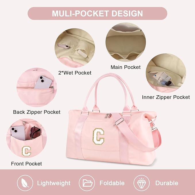 Dance Gym Duffel Bag for Teen Girls, Personalized Initial Travel Weekender Bag,Cute Overnight Carry On Duffle for Women,Sports Travel Cheer Bag,Monogram Christmas Gifts for Tween Preppy(pink-C)