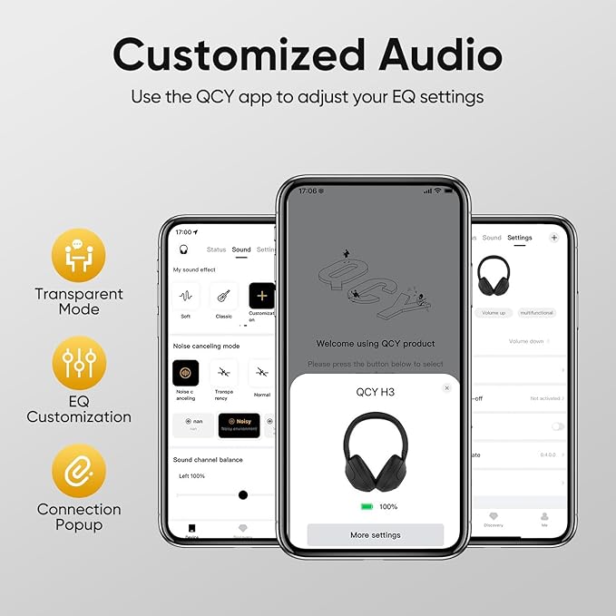 QCY H3 ANC Bluetooth Headphones Over Ear, Active Noise Cancelling Bluetooth 5.4 Headphones with Microphones, Hi-Res Audio Sound, Multipoint Connection, 60H Playback, Custom EQ via App(White)