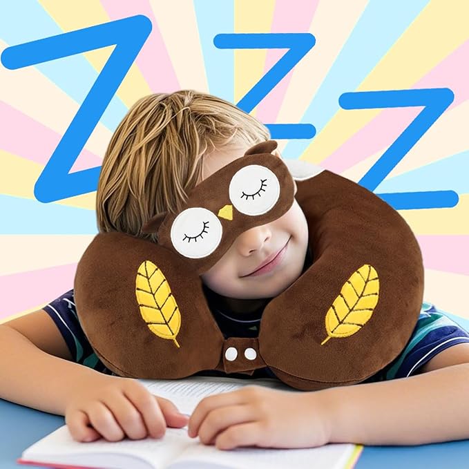 Sexysamba Travel Pillow for Kids Adults with Sleep Eye Mask Cute Cartoon U Shaped Memory Foam Neck Pillows for Travel Head Rest & Neck Support for Airplane, Car, Office Sleeping, Brown Owl