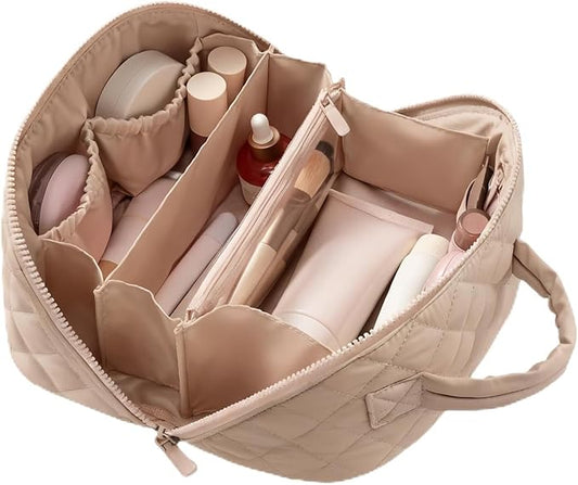 Amposei Makeup Bag Travel Toiletry Bag,Travel Makeup Bag for Women, Puffer Waterproof Cosmetic Organizer, Large Capacity Pouch Open Flat Small Toiletry Bag with Brush Compartment & Handle (Khaki)