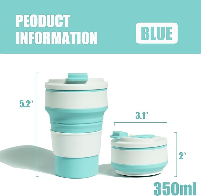 12oz Collapsible Water Bottles, Silicone Foldable Portable Travel Water Bottle, Folding Lightweight Reusable Leakproof for Traveling Camping Hiking Cycling Yoga Sports Blue