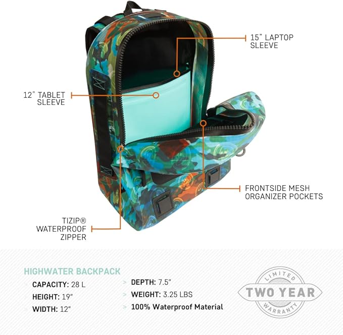 BOTE Highwater Backpack Waterproof Outdoor Zipper Dry Bag 28 Liter Capacity Molle Straps Fully Submersible Watersports Kayaking Fishing Hunting Boating