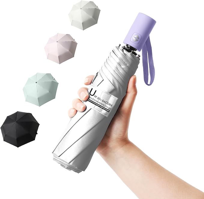 BAODINI Small UV Protection Travel Umbrella Compact for Rain and Sun UPF 50+ Windproof Portable 42 inch Umbrella for Women and Men